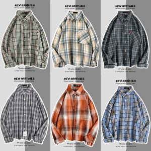 Couples Loose Long Sleeve Mens Shirt Korean Style Spring Autumn Base Layer Top Plaid Pattern Button down Casual Fashion