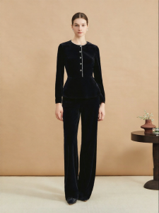 YINER | French Style Elegant Button Decorated Slim Fit Velvet Shirt