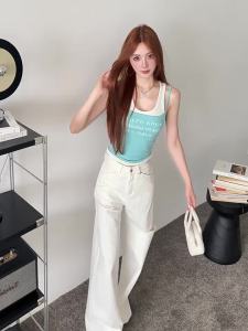 CALLED BACK | Womens Cotton Wide Leg Straight Jean Pants White Ripped