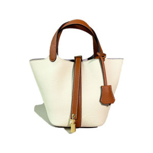 Tote Bucket Bag Womens Shoulder Crossbody Leather Handbag Spliced Color Design Market Basket Style Soft Cowhide Purse