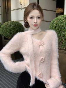 GUZILIAN | Delicate Soft Sweater Womens Style 3D Flower Sash Versatile Knitted Shirt Korean Version Thickened Long Sleeve Short Length