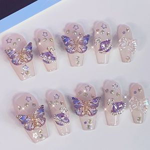 Handmade Butterfly Purple Shiny Powder Nail Art Wearable False Nails Y2K Detachable Fashionable Beauty Nail Sheets by LiYiPlanet