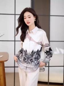 AMMIN 2024 Autumn new lapel long sleeve fashion positioning smudged-out landscape print commuter chiffon shirt womans Korean style single-breasted elegant blouse