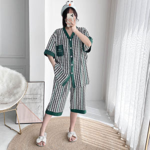Loose Cotton Sleepwear Short Sleeve V-Neck Cardigan Summer Home Clothes Seven-Foot Pants plus Size Womens Two-Piece Set