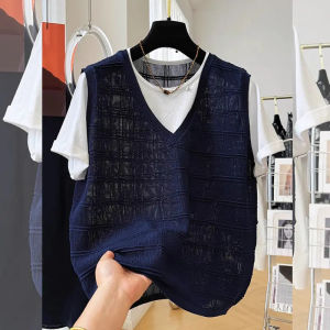 Blue Hollow Out Two-in-One Sleeveless Blouse Slimming