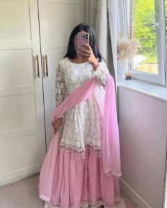 White & Pink with Beautiful Embroidery work Plazo Suit (Pre-order: 2/3 Weeks Delivery) TXE070723