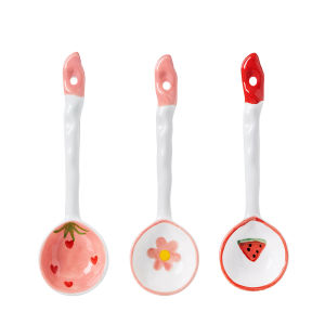 Homenhome Cute Strawberry Spoon Cute Bear Ice Cream Dessert Soup Ceramic Korean Spoon with Long Handle Kitchen Tableware Accessories