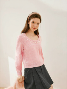 SEIFINI | Elegant Short Pearl Lace Round Neck Knit Top