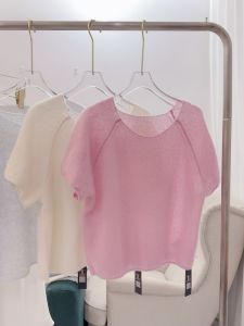 Silk Cashmere Thin Knitted Short Sleeve T-Shirt Womens round Neck Loose Simple Half Sleeve Sweater Base Shirt Commute Style