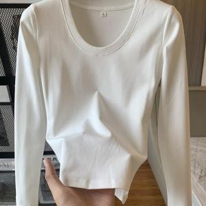 Pure Cotton U-Neck Short Sleeve Base Tee Womens Inner Wear Solid Long Sleeve Versatile Slim Fit Top Summer New Style