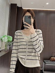 Womens Stripe Knitwear Spring New Loose Fit V-Neck Long Sleeve Vest Fake Two-Piece Design Sense Layering Slimming Top