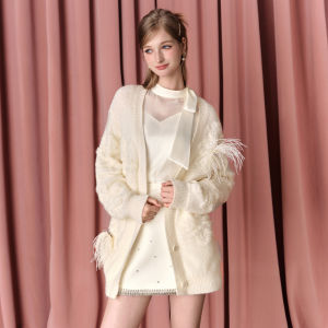 TAMMY TANGS | Sugar Power Mall Same Style Feather Detachable Knitted Cardigan Long Sleeve V-Neck Soft Comfortable Mid-Length Womens Coat