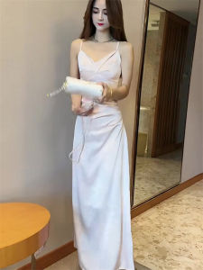 Elegant Satin Wrap Dress Slimming Flattering Versatile Summer New Style Simple Atmosphere Trendy Womens Mid-Length Sleeveless Gown