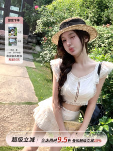 Pure Desire Sweet Lace Small Fly Sleeve Top Womens Waist in Half Skirt Set High Waist Cotton A-Line Short Skirt