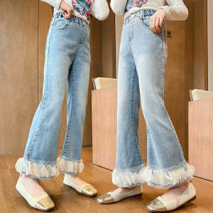 Spring Autumn Childrens Elastic Jeans Baby Soft Denim Micro Flared Pants Girls Fashionable Trousers Korean Style Kids Clothing