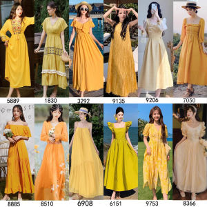 Bohemian Style Yellow Super Fairy Tale Beach Dress Travel Long Skirt Ethnicity Flavor Sweet Printed Bowed Backless Hollow out