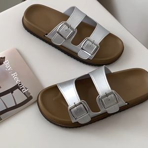 Womens fashionable and trendy double button flat slippers are comfortable lightweight versatile