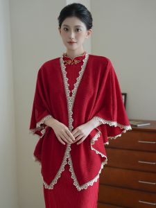 New Chinese Style Red Qipao Shawl Womens Spring Autumn Wedding Ceremony Dinner Party Wine Serving Costume Multifunctional Scarf