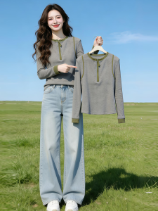 Shalldoer | Korean Style Green and Gray Contrast Half Open Round Neck Long Sleeve T-Shirt