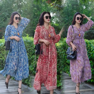 Thời Trang Giảm Béo Họa Tiết Hoa Đi Biển Đầm Nữ Mùa Hè Kích Thước Lớn Mỏng Rời Chiều Dài Trung Bình Quần Áo Làm Việc Cổ Chữ V