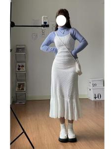 ชุดเดรสยาวแขนกุดแบบใหม่ ชุดสองชิ้น แขนยาว คอตั้ง สวมใส่สบาย ชุดแฟชั่นฤดูใบไม้ร่วง ผ้าโพลีเอสเตอร์