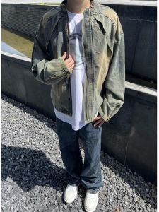 OUMULONG | Blue Washed Denim Jacket for Men Spring/Fall