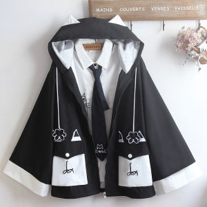 Cute Fox Pocket Hooded Coat Sleeveless Womens Mens Fresh Spring Autumn Outerwear Flared Sleeve Cartoon Animal Polyester Fiber