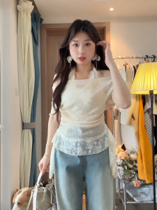 Áo Thun Nữ Tay Ngắn Cổ Chữ V Ren Ghép Nối Cỡ Lớn Mùa Hè Thiết Kế Một Bên Vai Gợi Cảm Giản Dị Thường Ngày Chất Liệu Cotton Pha Trộn