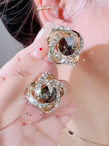 Exquisite Grey Zircon Full Diamond Earrings Womens Fashionable Elegant Trendy Hoop Earrings Korean Style Floral Pattern