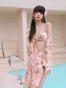 Womens Two-Piece Four-Piece Set Swimsuit Long Sleeve Sunscreen Thermal Spa Conservative Swimwear V-Neck with Chest Pad No Steel Support