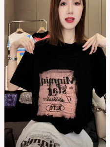 Black round Neck Letter Print Short Sleeve T-Shirt Womens Summer Slimming Fashionable Top Korean Style Cotton Blend