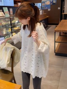 White Hooded Long Sleeve Lace Shirt T-Shirt Womens 2025 New Autumn Winter Fashion Loose Butt Covering Mid-Length Top