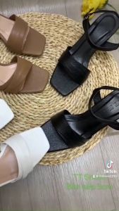 Giày sandal cao gót 5cm bản xếp da rắn mũi vuông thời trang TT Shoes son93