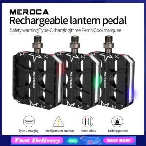 MEROCA Bicycle Pedals with Colored Lights Safety Warning Pedals for Mountain Road Bike Aluminum Alloy Rechargeable Lantern Pedal