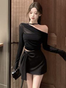 GUZILIAN | Bộ váy hai mảnh thời trang mùa thu mới cho nữ áo chui đầu tay dài hở vai váy midi thắt lưng bộ đồ hai mảnh