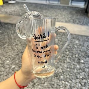 Simple Alphabet Glass With Lid Anti-scald Bandle Water Cup With Straw Juice Milk Mug