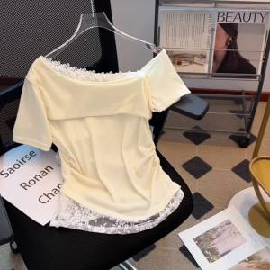 AMMIN 2025 Summer New Sweet Embroidered Hollow Lace Patchwork Round Neck Short Sleeve White Cotton T-Shirt for Women Korean Style Gentle Temperament Fake Two-Piece Short Sleeve Elegant Blouse