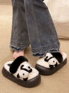 Winter Thick Bottom Plush Slippers Womens Indoor Home Warm Cute Panda Cartoon Cotton Slippers Cozy Roman Style Flat Heel