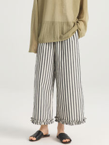 Comfortable Linen Cotton Striped Wide Leg Pants Nine Points Floaty Style Versatile Casual Straight Cut Pants Natural Waist