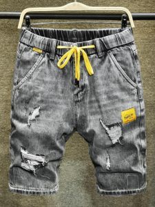 Summer Mens Loose Fit Denim Shorts Torn Waist Elastic Drawstring Thin Five-Quarter Length Casual Fashion Youth Popular Shorts
