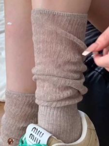 Blokette Girls Early Autumn! Idle Style Vertical Stripes Minimalist Pure Color Thin Loose Socks Oatmeal Color Female