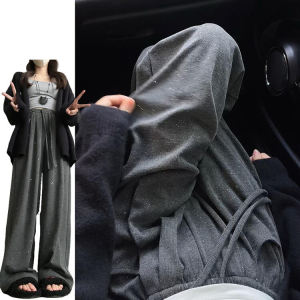 Retro High Waist Draped Grey Diamond Embellished Casual Pants Womens Spring Summer 2025 New Style Floor-Length Wide Leg Trousers