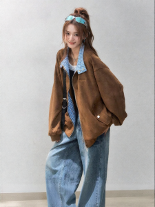 CHANT2nd | Plaid and Suede Baseball Jacket Female Spring