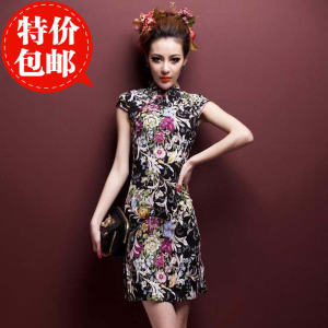 Daily Cotton Linen Cheongsam Dress Improved Fashion Chinese Retro Print Summer Elastic Linen Cheongsam Black Vine Flower