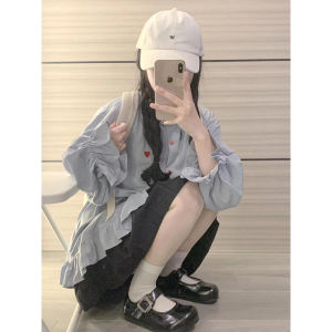 Chic College Style Womens Shirt Slimming Fashionable Korean Version Long Sleeve Polo Collar High Waist Travel Suitable Polyester Fiber