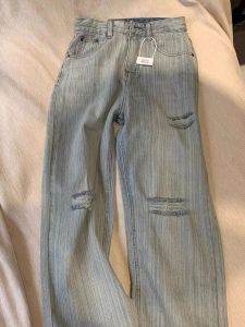 High Waist Wide Leg Jeans Womens Autumn Loose Fit Straight Cut Torn Denim Pants Vintage Style Floor Length Versatile Blue