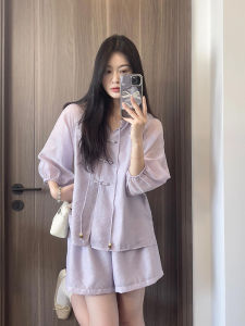 New Chinese Style Fashion Set Women Summer Loose Lightweight Short Sleeve Shorts Two-Piece Suit V-Neck Button Closure Polyester Fiber