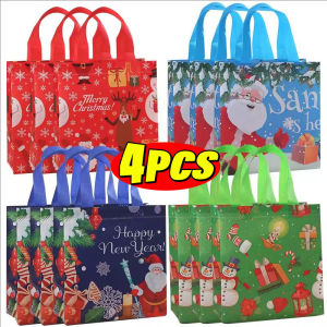 4Pcs Large Christmas Gift Bags Reusable Grocery Shopping Handbag Non Woven Santa Claus Xmas Tree Snowman Printed Pattern Party Christmas Decorations