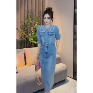 Chic Blue Denim round Neck Waist-Cinching Dress Womens Fashionable Summer New Style A-Line Skirt Short Sleeve Long Dress