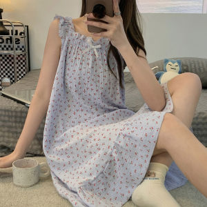 ชุดนอนผู้หญิงแขนกุดคอวีพิมพ์ลายดอกไม้ฤดูร้อนปี 2022 Pure Cotton ขนาดใหญ่ สไตล์หวานๆ ชุดนอนในบ้าน